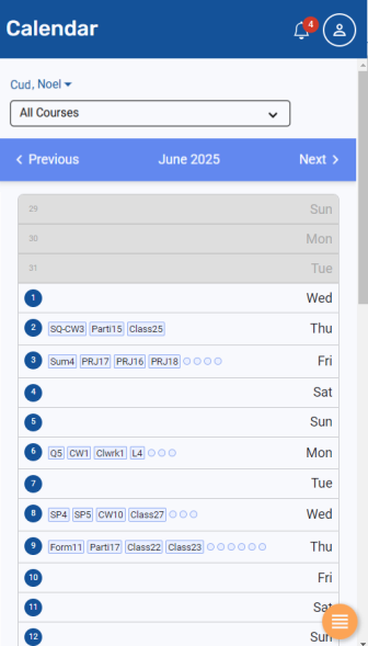 Calendar screen